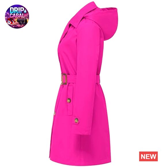 Double Breasted Trench Coat Mid-Length Belted Overcoat with Detachable Hood - Picture 4 of 7